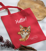 BK Gift Kedi Tasarımlı Kırmızı Kumaş Bez Çanta, Baskılı Omuz Çantası, Alışveriş Çantası, Arkadaşa Hediye-4