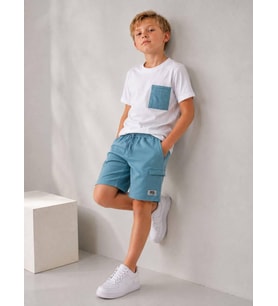 Cg Kids Kargo Cepli Mavi Şort & Beyaz T-shirt Cep Detaylı Erkek Çocuk Alt Üst Takım