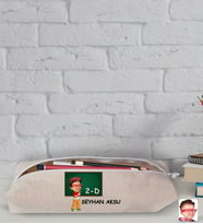 Çocuklara Özel Erkek İlkokul Öğrenci Karikatürlü Keten Okul Kalemliği-1 (Beyaz)