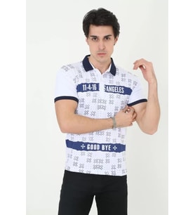 Erkek Yakalı Slim Fit Baskılı T-Shirt - Beyaz
