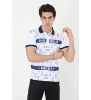 Erkek Yakalı Slim Fit Baskılı T-Shirt - Beyaz