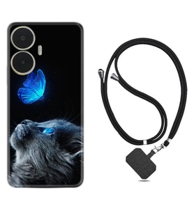 Realme C55 Kılıf Resimli Boyun Askılı İpli Desenli Silikon Series Butterfly Cat 1891