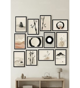 12 Parça Zen Minimal 2 Renk Seçenekli Dekoratif Çerçeve Görünümlü Tablo Seti