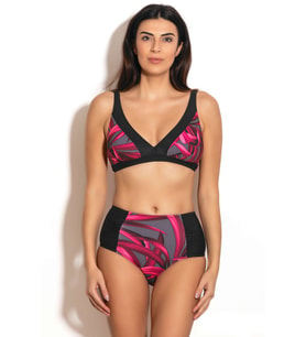 Badelina Kadın Yüksek Bel Toparlayıcı Geniş Üçgen Bikini Takımı 3247-2 (Siyah)