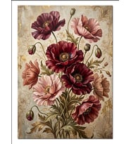 Bordo Gelincik Çiçekleri Vintage Buket Dekoratif Kanvas - Mdf Ahşap Tablo