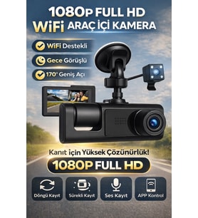Full HD WiFi Araç İçi Kamera 170° Geniş Açı Gece Görüşlü Dash Cam Park Modu Döngü Kayıt