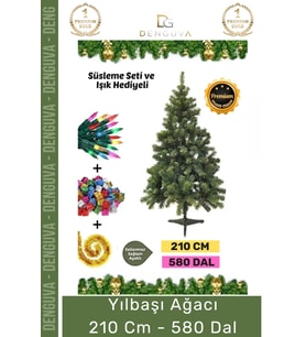 Premium Kutu Süsleme Seti Yılbaşı Çam Ağacı Renkli Işığı Yeni Yıl Süsleri Noel Paketi 210 Cm 580 Dal