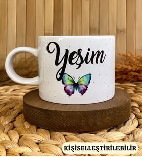 Kişiye Özel İsimli Kelebek Figürlü Porselen Fincan Kupa 150 ml