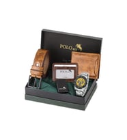 Polo Air Erkek Kol Saati Kemer Cüzdan Kartlık Çakmak Hediyelik Kutusunda Taba Set PL-7046E5 (Gümüş-Sarı)