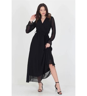Neşeli Butik Kadın Yeni Sezon Astarlı Kruvaze Yaka Uzun Şifon Elbise NB003 (Siyah)