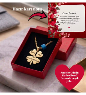 Kişiye Özel İsimli Mavi Boncuklu Çelik Yonca Kolye - Anneler Günü Kartlı Hediye Paketli (Altın)