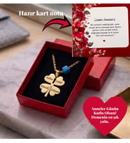 Kişiye Özel İsimli Mavi Boncuklu Çelik Yonca Kolye - Anneler Günü Kartlı Hediye Paketli (Altın)