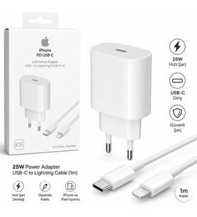 25W PD USB-C Hızlı Şarj Adaptörü + USB-C to Lightning Kablo 1 Metre iPhone Uyumlu Şarj Seti