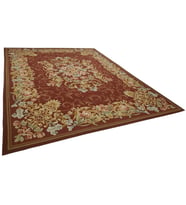 Kırmızı Halı El Dokuma Vintage Eskitme Stil Salon Halısı Bej Floral Bordürlü Özel Tasarım