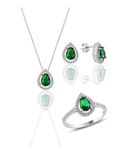 Söğütlü Silver Gümüş rodyumlu kök zümrüt taşlı damla modeli üçlü set