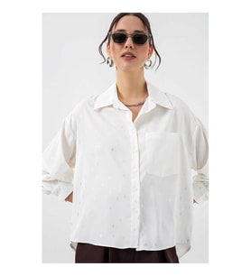 Bigdart Desenli Oversize Beyaz Kadın Gömlek 20361