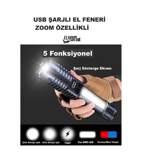 USB ŞARJLI EL FENERİ 5 FONKSİYONLU P50 LED -SMD LED ZOOMLU GÖSTERGE EKRANLI KAMP EV OFİS BALIKÇILIK