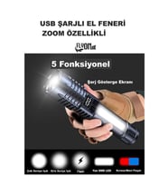 USB ŞARJLI EL FENERİ 5 FONKSİYONLU P50 LED -SMD LED ZOOMLU GÖSTERGE EKRANLI KAMP EV OFİS BALIKÇILIK