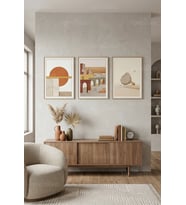 Sakin Toprak Tonları ile Modern Soyut Geometrik 3’lü Ahşap Çerçeveli Tablo Seti