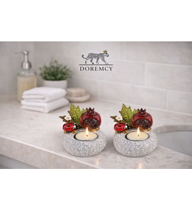 Doremcy Kuşlu Mumluk 2’li Set 14x7 cm Dekoratif Taş Görünümlü Biblo Ev Banyo Masaüstü (Gri)