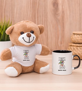 Kişiye Özel Biz Akıllanmayız Tasarım Esprili  Peluş Ayı ve Siyah Kupa