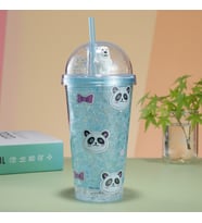 Pandacık Işıklı ve Pipetli Bardak, 450 ml, Buzlu ve Kapaklı, Mavi, 20x8 (Mavi)