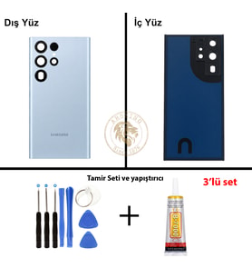 Samsung S22 Ultra Mavi Arka Pil Kapağı Batarya Kapağı Lazer Kesim + Yapıştırıcı ve Vida Seti