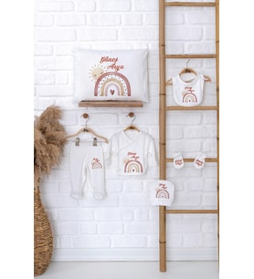 Pia Baby Premium %100 Pamuk İsme Özel Kız Bebek Hediye Seti Zıbın Yastık Kılıfı 5059-06 (Ekru)