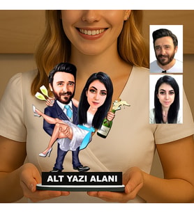 Kişiye Özel 2 Kişilik Gelin Damat Düğün Konseptli Sevgili Karikatürlü 18 cm MDF Masaüstü Biblo - Sevgiliye ve Eşe Hediye Çiftlere Özel Hediye