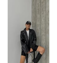 kadın siyah oversize deri mont NBDM5017