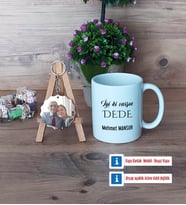 Dedeye Hediye Kupa Bardak Beyaz ve Fotoğraflı Ahşap Anahtarlık Hediye (Model 1)