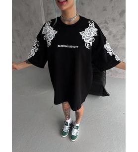 Kadın Kısa Kol Yazlık Tişört Bisiklet Yaka Baskılı Oversize T-Shirt - Siyah