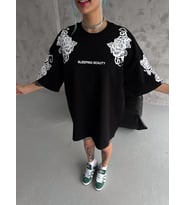 Kadın Kısa Kol Yazlık Tişört Bisiklet Yaka Baskılı Oversize T-Shirt - Siyah
