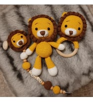 Amigurumi Organik Aslan Uyku ArkadaşI Diş Kaşıyıcı Çıngırak ve Emzik Zinciri Set