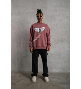 Erkek Güvercin Baskılı Sweatshirt - Gül Kurusu