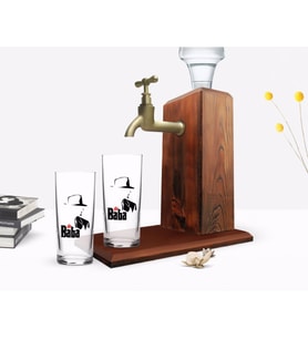 BK Home Renkli Baskılı Godfather Baba Tasarımlı İkili Rakı Bardağı ve Ahşap Rakı Standı Hediye Seti-16 (Model 1)