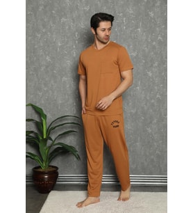 İbiza Senfoni Erkek Bisiklet Yaka Kısa Kol Kahverengi Pijama Takımı 5849 -  1 Adet