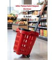 5 Adet - 43 LT Tekerlekli Market Sepeti Plastik Alışveriş Sepeti Ergonomik Çift Saplı Kırmızı