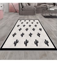 Bej Kaktüs Desenli Yıkanabilir Kaymaz Taban Leke Tutmaz Modern Salon Halısı ve Yolluk (Antrasit)