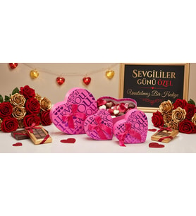 Sevdiklerinizi Mutlu Etmenin En Şık Yolu 3'lü Kalp Hediye Kutu Seti 3'lü Set I Love You Pembe
