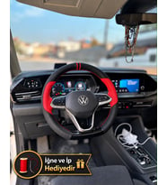 Vw Taigo Dikme Direksiyon Kılıfı Parlak Siyah Kırmızı Detaylı Kırmızı Çift Yüzük ve Dikiş 2021-2026