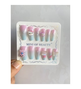 Hello Kitty Kuromi Tavşan 3D Figür İncili Carmlı 12 Adet Jel Görünümlü Lüx Kutulu Takma Tırnak - Pembe1