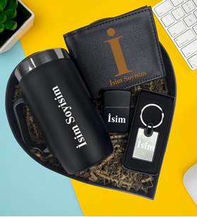 Kişiye Özel Premium Kalp Kutu Termos Kulplu Bardak Metal Erkek Cüzdan Lüx Anahtarlık Zippo Metal Çakmak Hediye Set