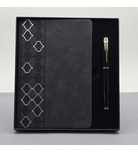 Desenli Siyah Deri Defter Kalem Set