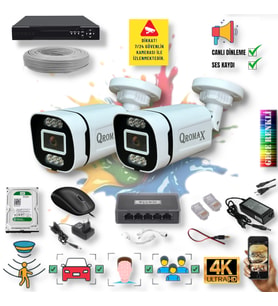 2 Kameralı IP Set - Yapay Zeka Özellikli Gece Renkli Gösteren Sesli 6 Warm Ledli 4K FULLHD IP Güvenlik Kamerası Seti 4386WS