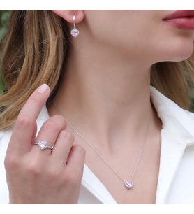 Kalp Pndr Model Pembe Zirkon Taşlı Gümüş Set