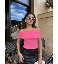 Madonna yaka sıfır kol bluz pembe