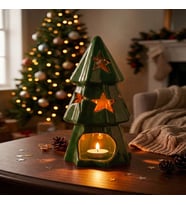 Seramik Yılbaşı Ağacı Mumluk - Kırmızı, Yeşil Tealight Mum Yakma Objesi - 20x8cm