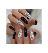 EDA LUXURY BEAUTY Siyah Takma Tırnak Lüks Kristal Taşlı Parlak Desenli Extra Uzun Kare Coffin Ballerina Nail Art Set E051