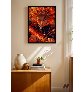 Demon Slayer Rengoku Poster, Siyah Çerçeveli Duvar Tablosu - Anime Severlere Özel